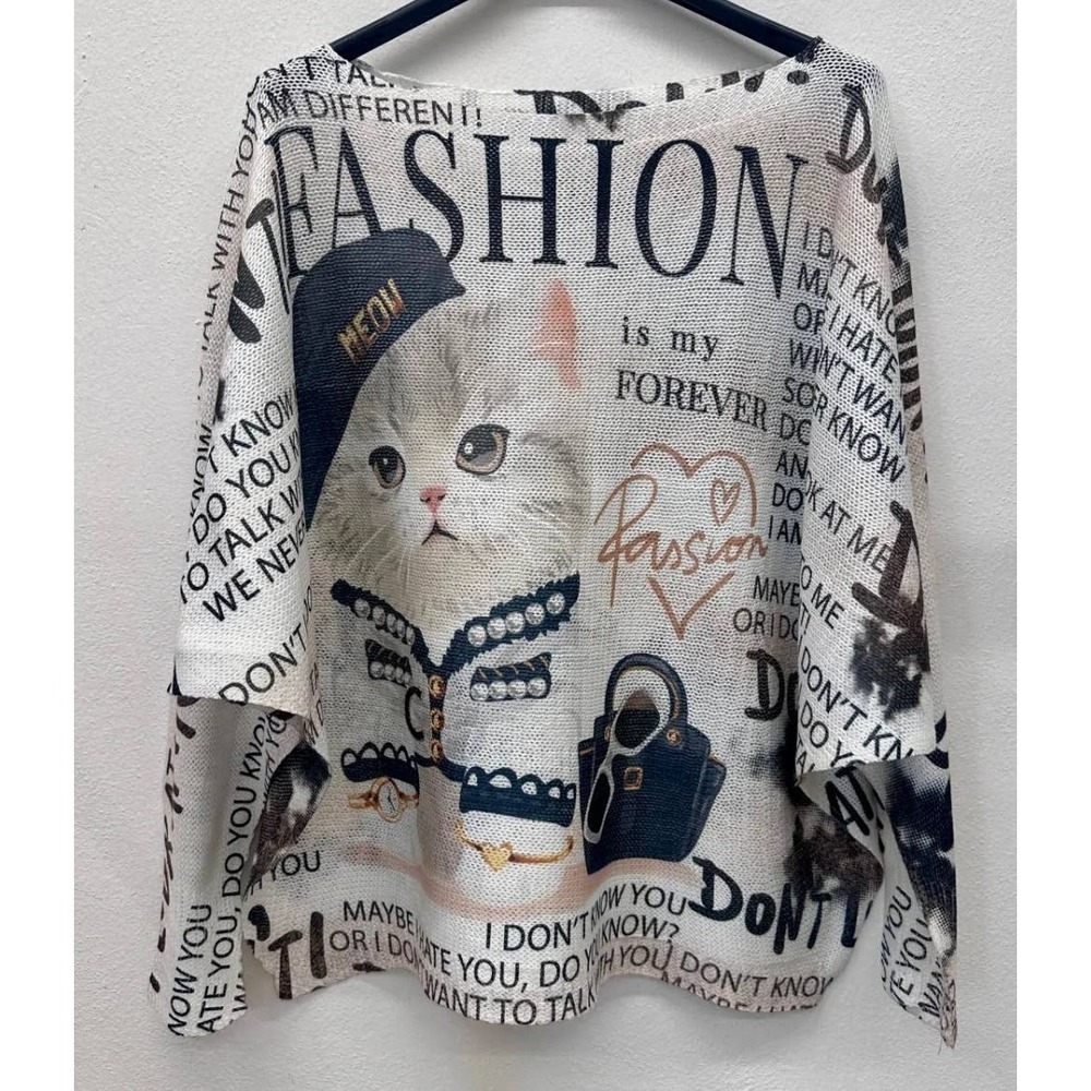 LCAT W Loowie Cute Cat Round Knit Printed Sweater One Size